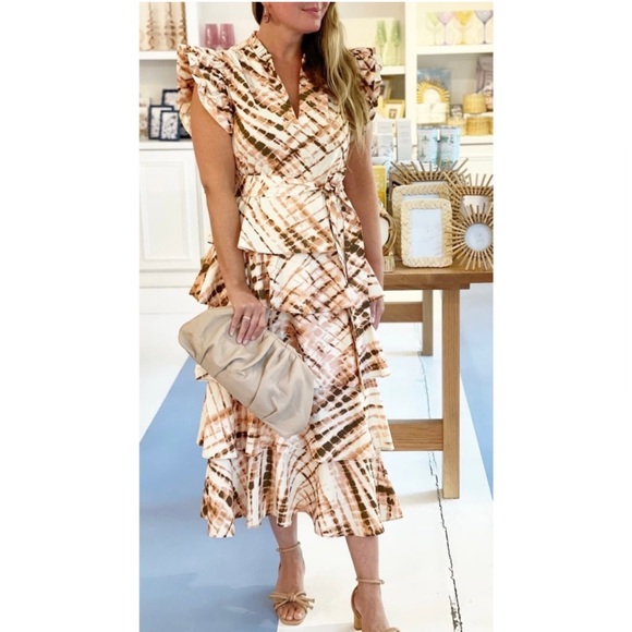 Marie Oliver Tie-Dye Ruffle Midi Dress in Cream and Brown - Picture 4 of 7